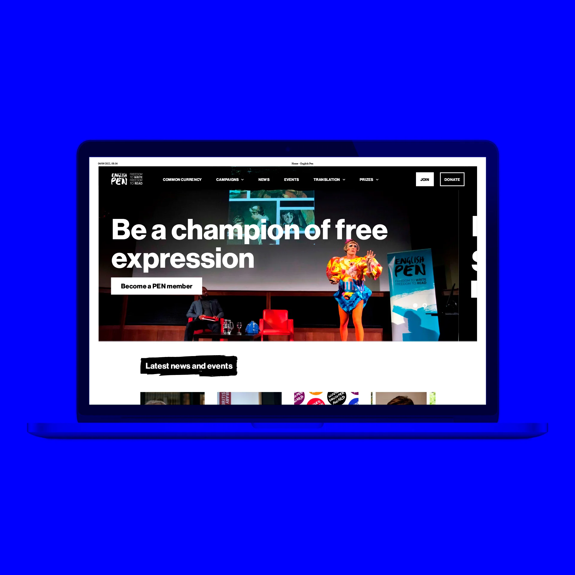An image of the English PEN website on a blue background.