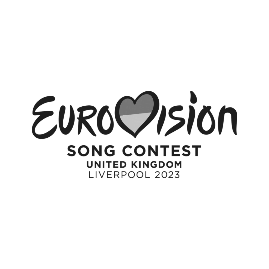 The Eurovision 2023 logo in black and white with a love heart replacing the V in Eurovision and information underneath that reads 'Song contest United Kingdom Liverpool 2023'